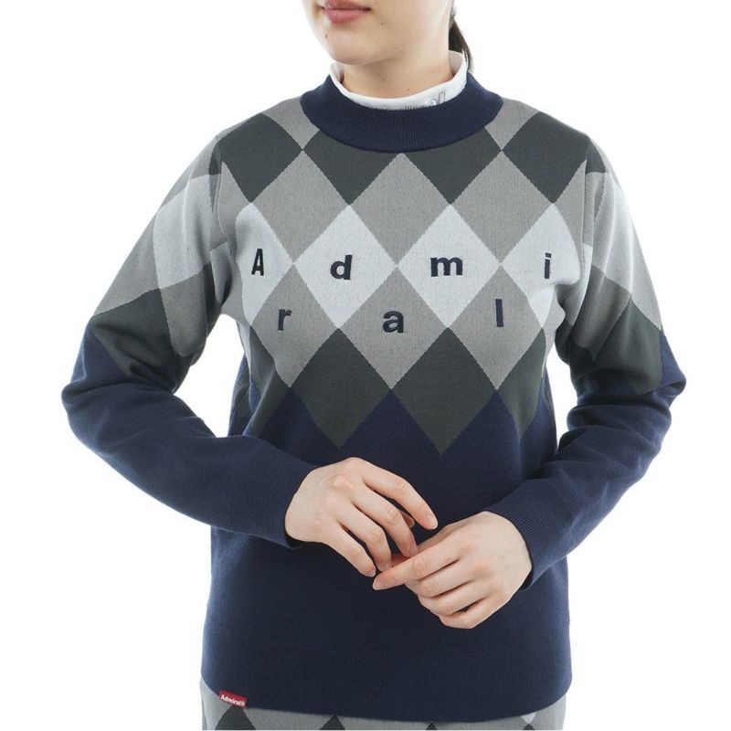 [アドミラル ゴルフ]レディース アーガイル ボトルネックセーター　ネイビー