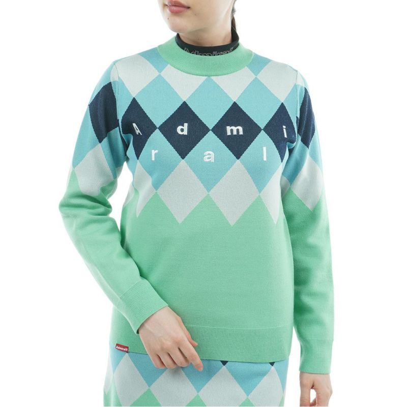 [アドミラル ゴルフ]レディース アーガイル ボトルネックセーター　ミントグリーン
