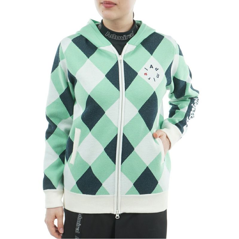 [アドミラル ゴルフ]レディース アーガイル フーディージップパーカー　ミントグリーン