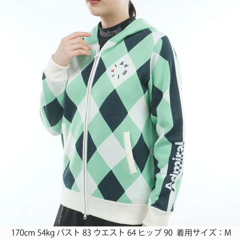 [アドミラル ゴルフ]レディース アーガイル フーディージップパーカー　ミントグリーン