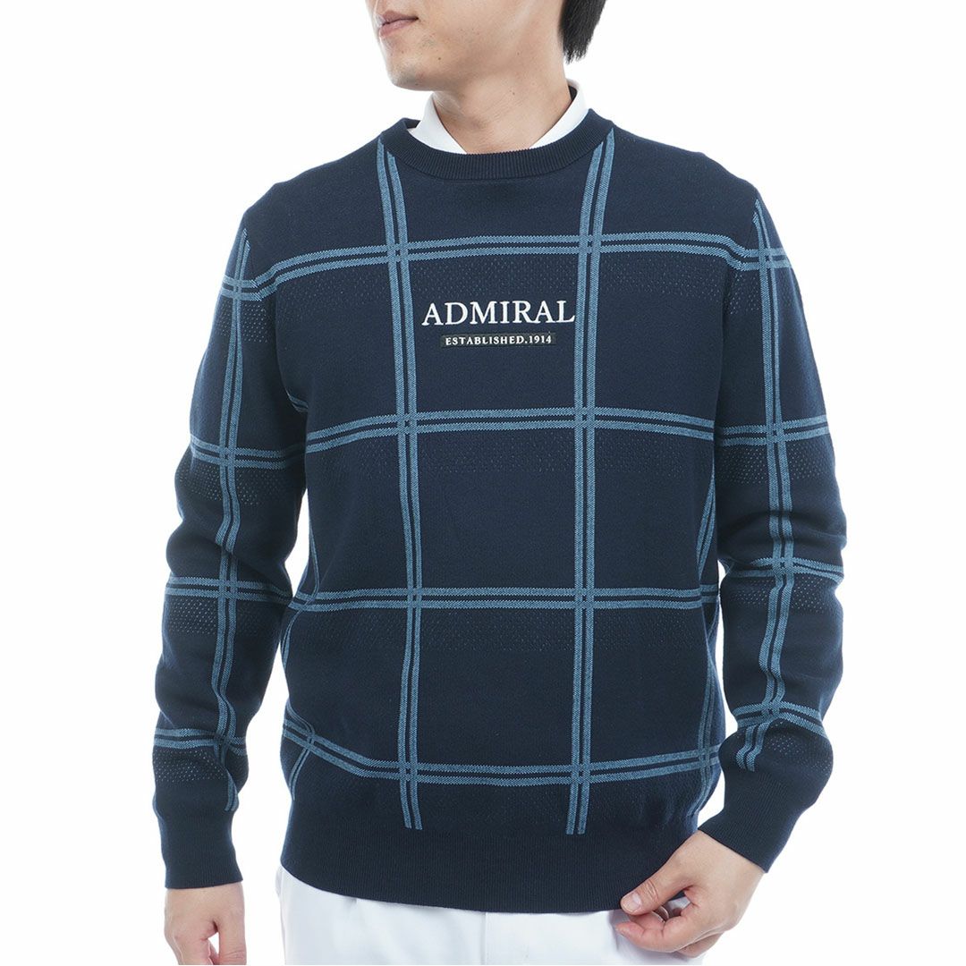 [アドミラル ゴルフ]メンズ ウィンドウペン クルーネックセーター　ネイビー