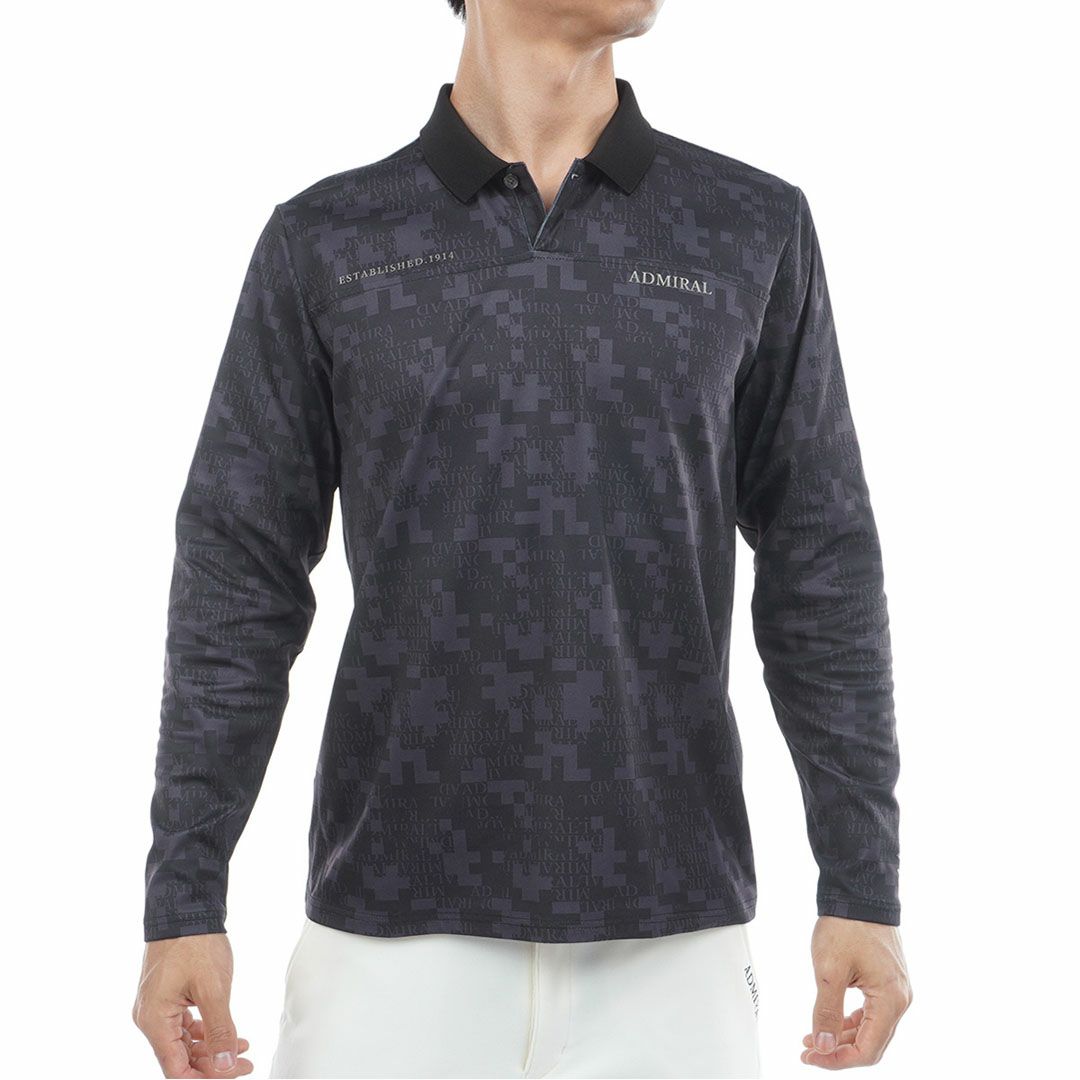 [アドミラル ゴルフ]メンズ モザイクカモフラージュ裏起毛 長袖ポロシャツ　ブラック