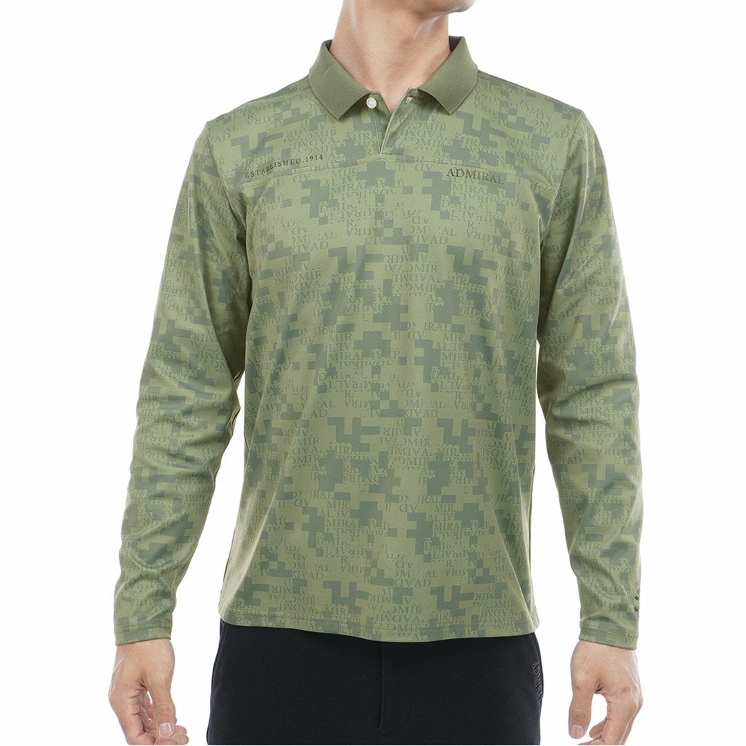 [アドミラル ゴルフ]メンズ モザイクカモフラージュ裏起毛 長袖ポロシャツ　カーキ