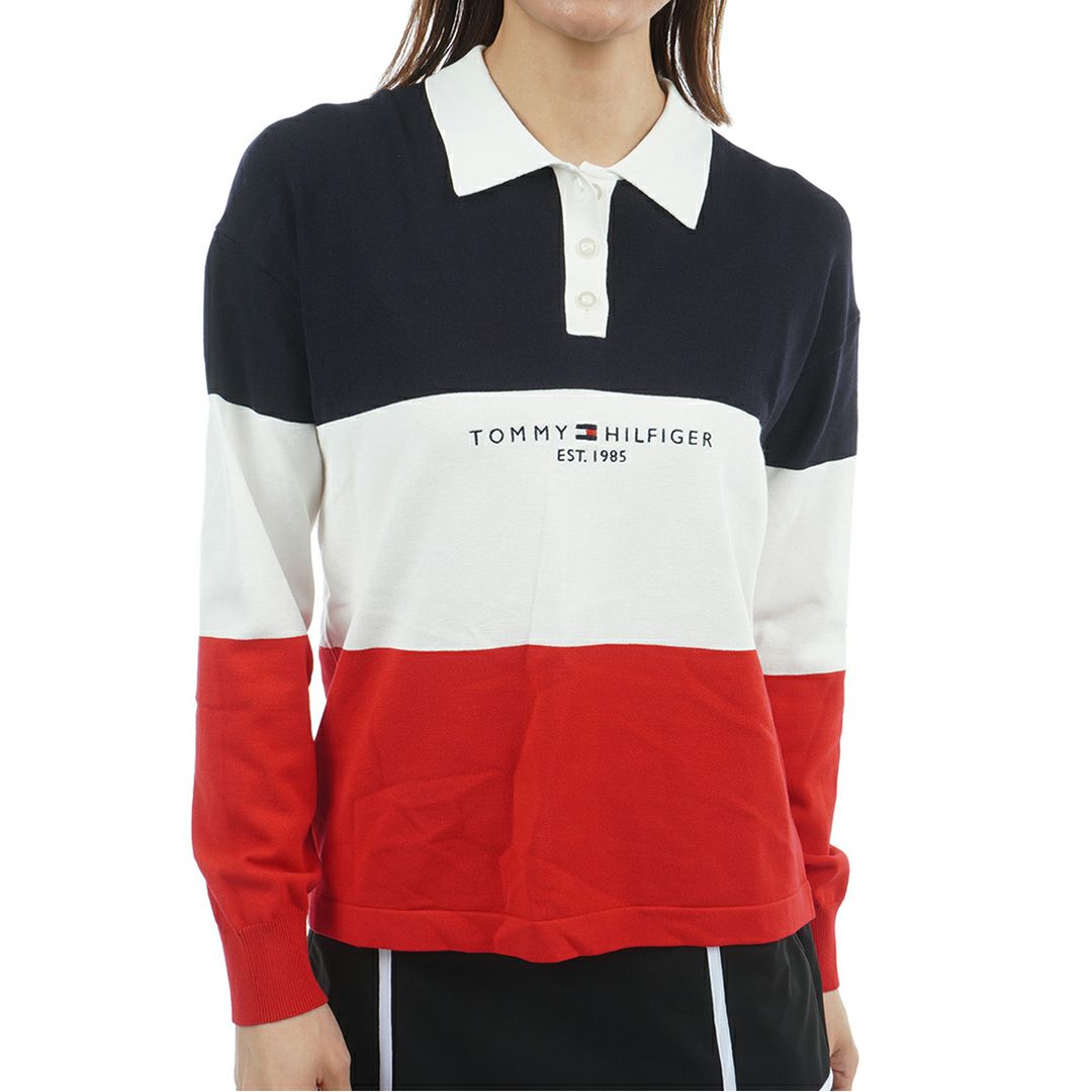 TOMMY HILFIGER GOLF レディース 長袖ラガーシャツ トリコロール レッド