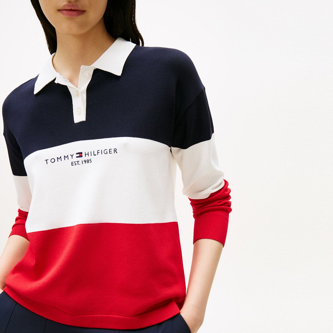 TOMMY HILFIGER GOLF レディース 長袖ラガーシャツ トリコロール レッド
