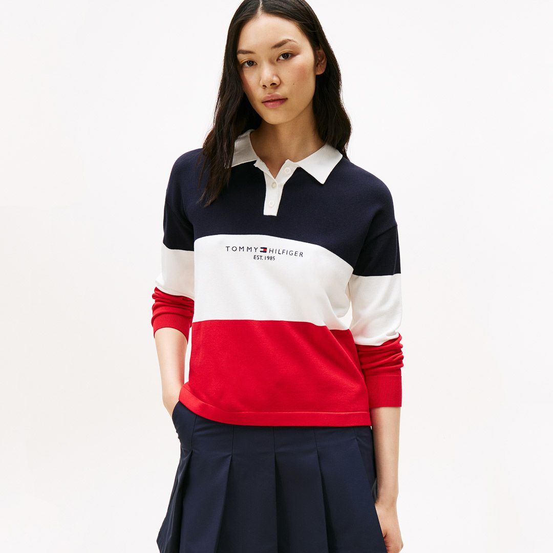 TOMMY HILFIGER GOLF レディース 長袖ラガーシャツ トリコロール レッド