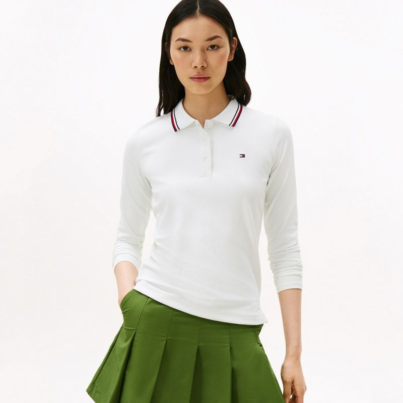 TOMMY HILFIGER GOLF レディース 長袖ポロシャツ ホワイト モデル画像
