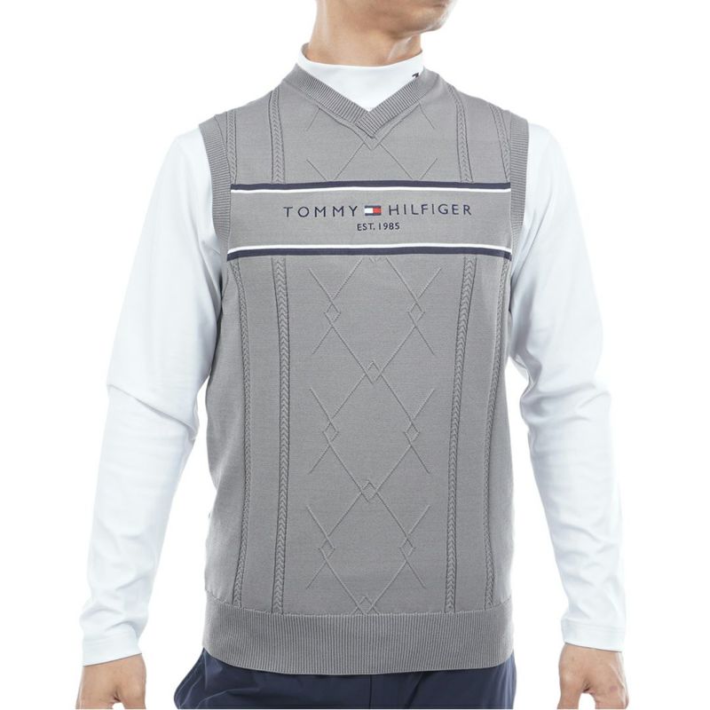 [トミーヒルフィガー]メンズ ケ-ブル浅Vネック ニットベスト　グレー