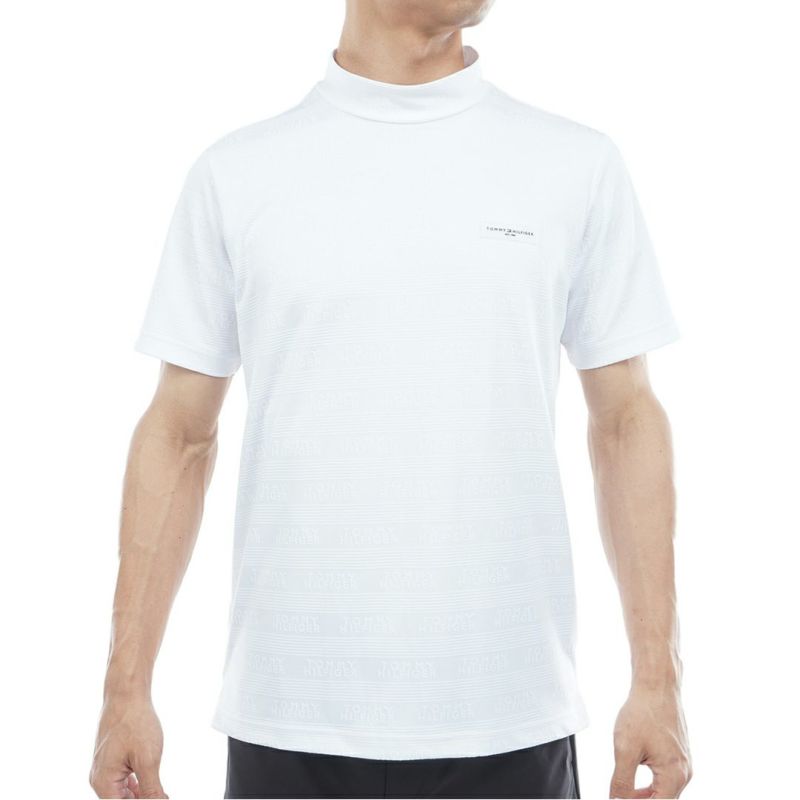 [トミーヒルフィガー]メンズ ロゴジャガード 半袖モックネックシャツ　ホワイト