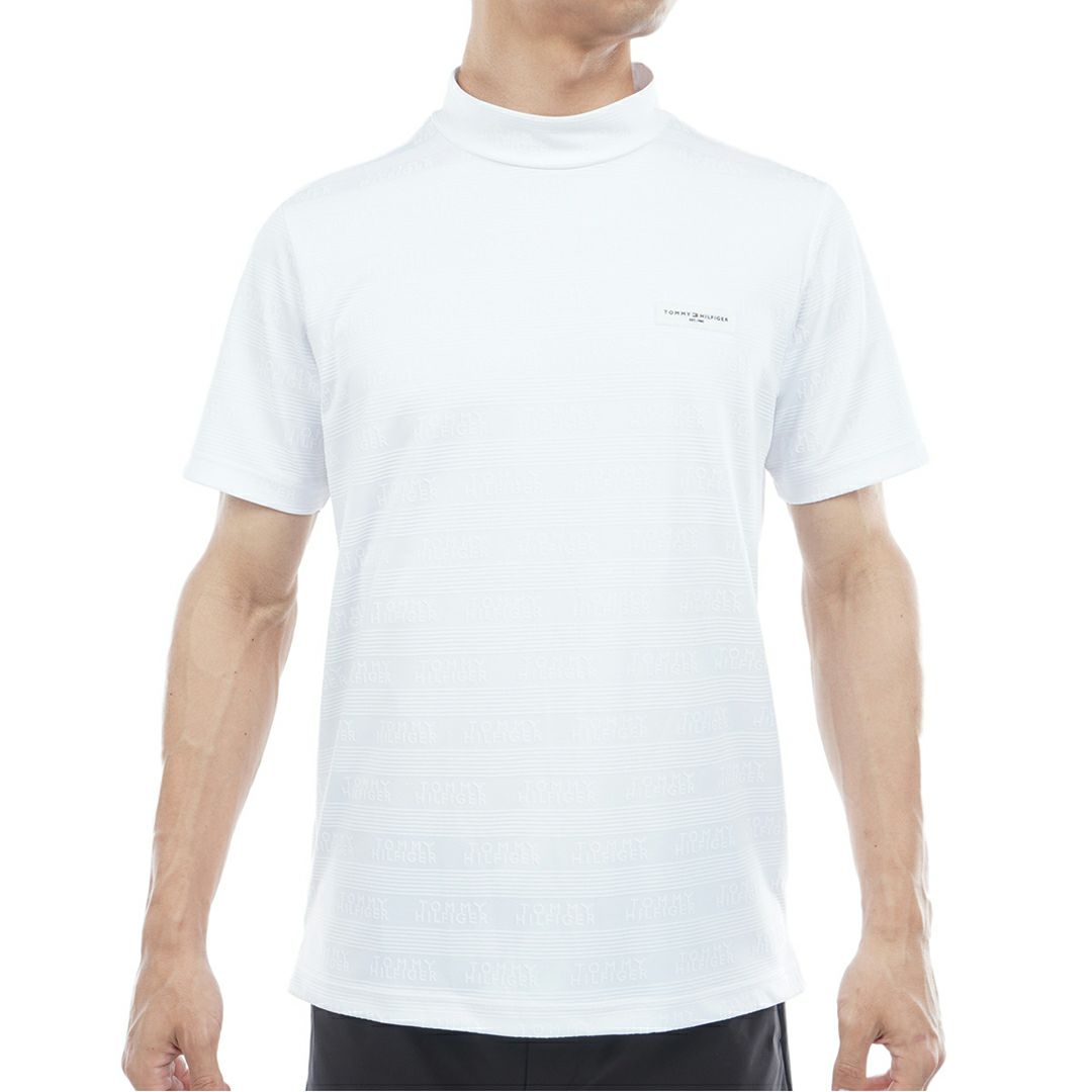 [トミーヒルフィガー]メンズ ロゴジャガード 半袖モックネックシャツ　ホワイト