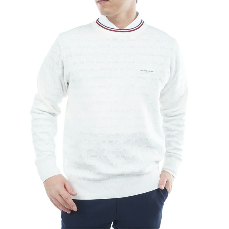 [トミーヒルフィガー]メンズ ロゴジャガード クル-ネックニット　ホワイト