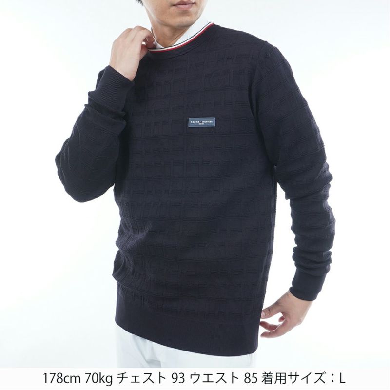 [トミーヒルフィガー]メンズ ロゴジャガード クル-ネックニット　ネイビー
