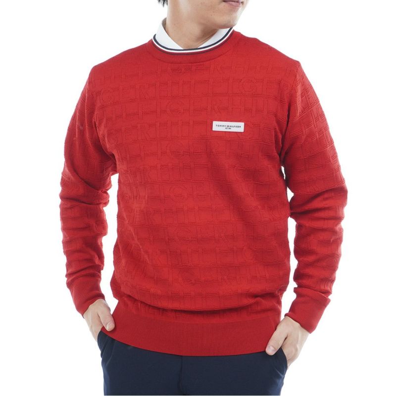 [トミーヒルフィガー]メンズ ロゴジャガード クル-ネックニット　レッド