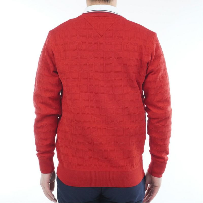 [トミーヒルフィガー]メンズ ロゴジャガード クル-ネックニット　レッド