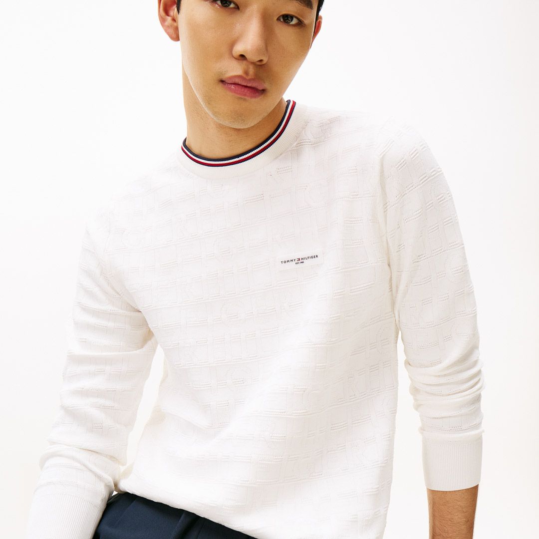 [トミーヒルフィガー]メンズ ロゴジャガード クル-ネックニット