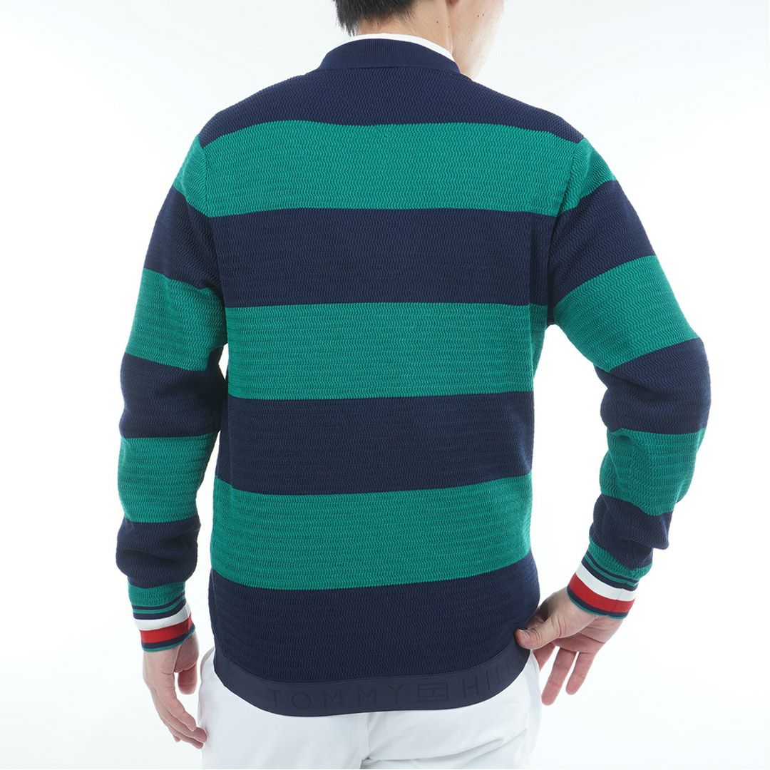 [トミーヒルフィガー]メンズ ボーダー クルーネックニット　グリーン