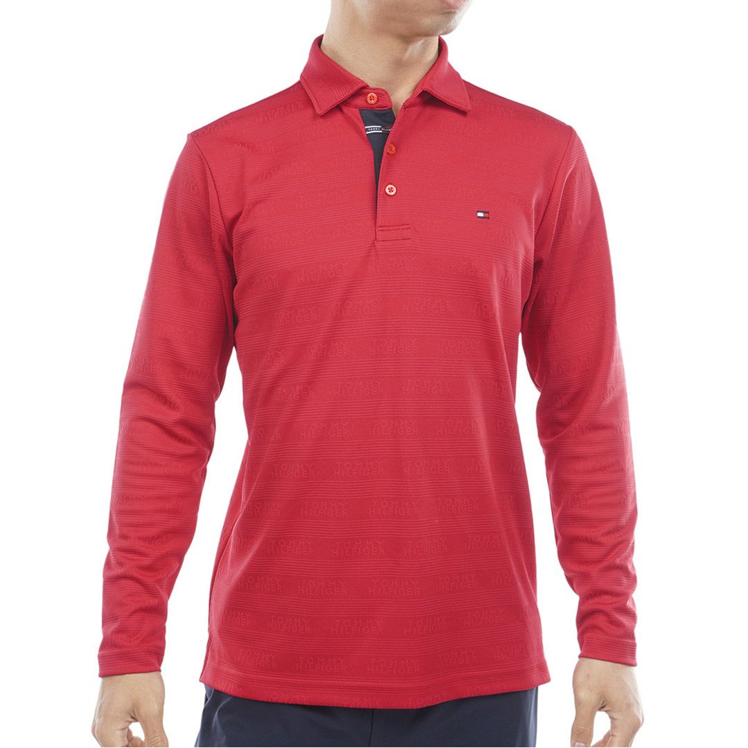 [トミーヒルフィガー]メンズ ロゴジャガ-ド 長袖台衿付きシャツ　レッド