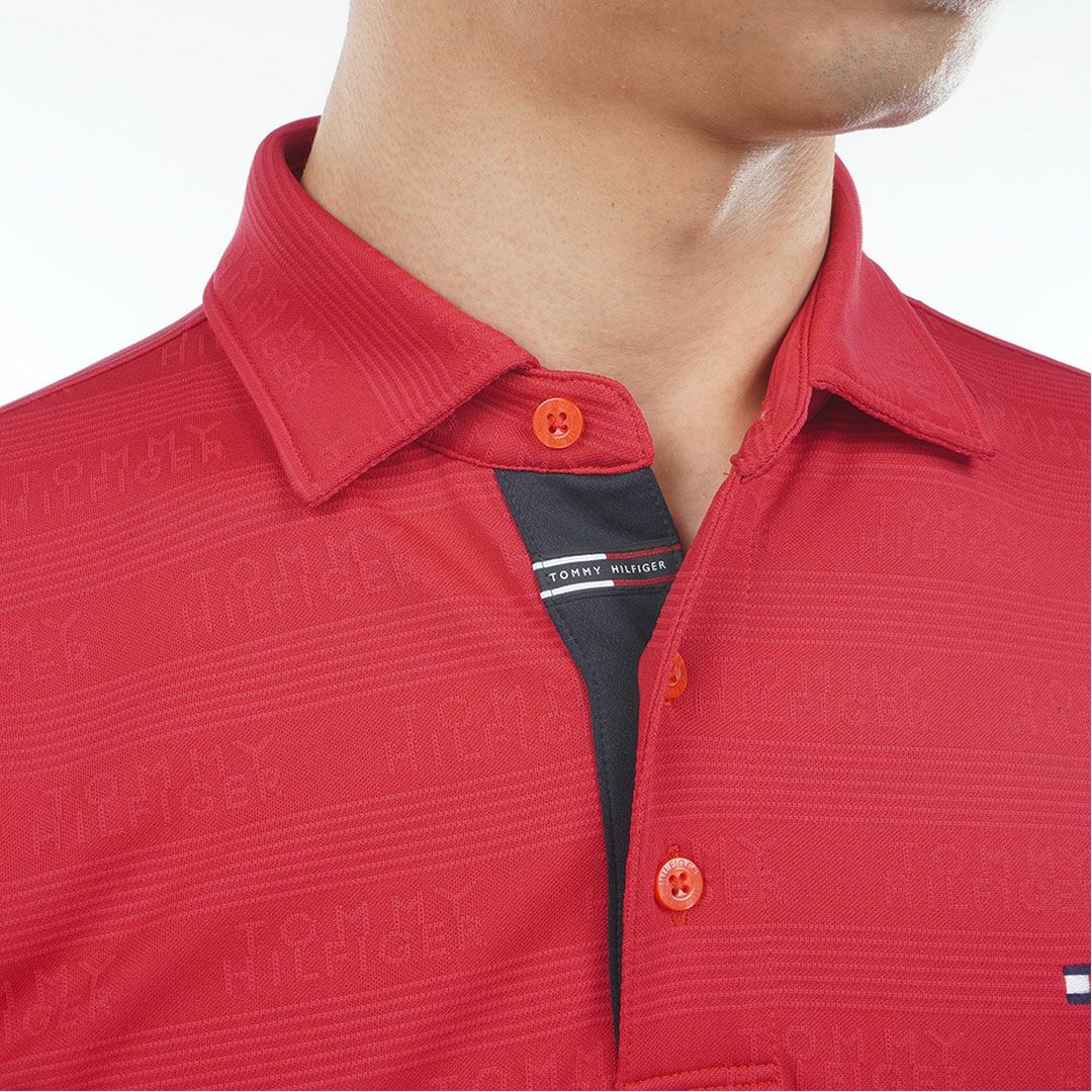 [トミーヒルフィガー]メンズ ロゴジャガ-ド 長袖台衿付きシャツ　レッド
