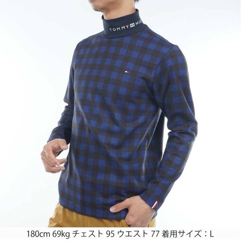 [トミーヒルフィガー]メンズ チェック柄 長袖ハイネックシャツ　ネイビー