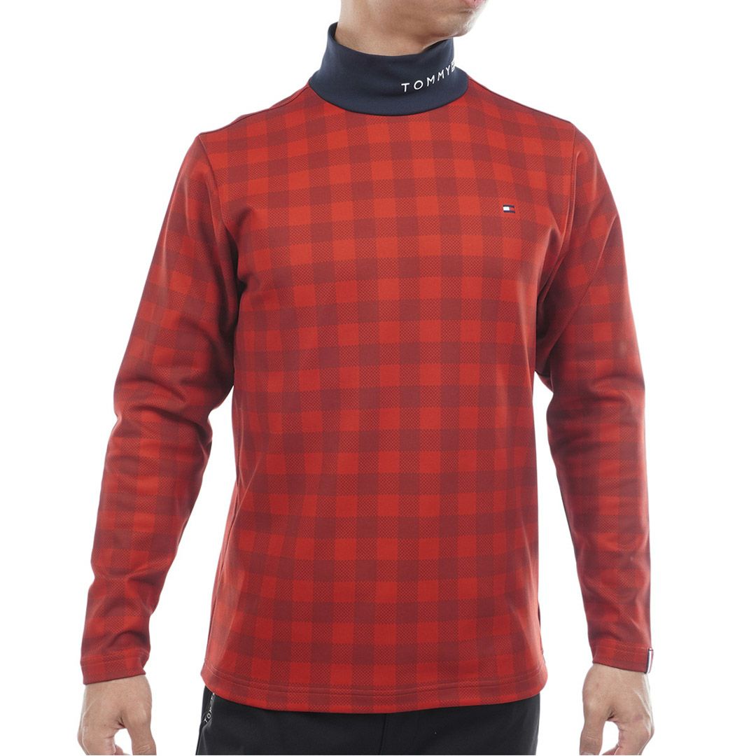 [トミーヒルフィガー]メンズ チェック柄 長袖ハイネックシャツ　レッド
