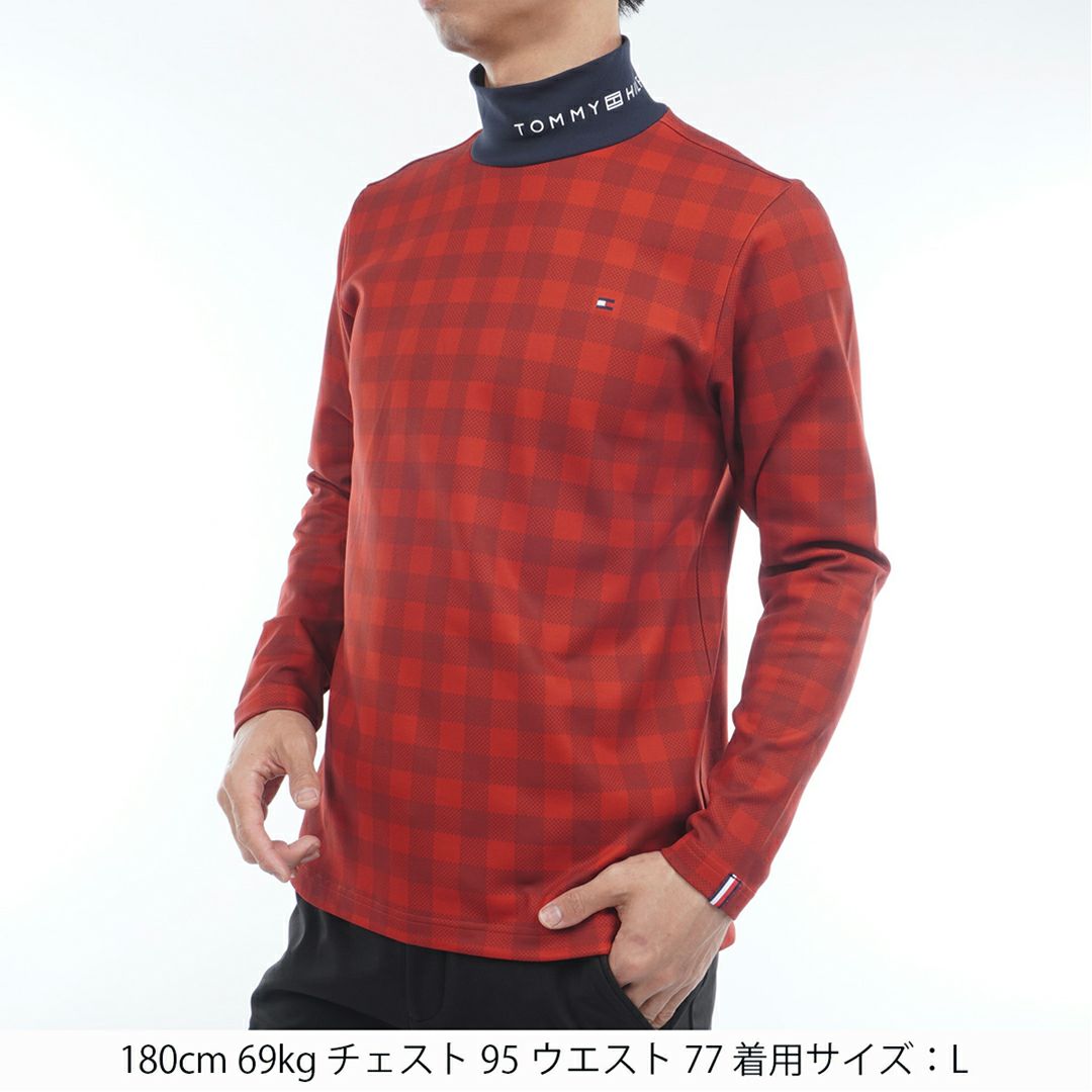 [トミーヒルフィガー]メンズ チェック柄 長袖ハイネックシャツ　レッド