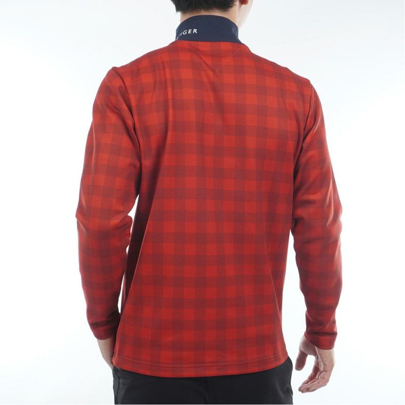 [トミーヒルフィガー]メンズ チェック柄 長袖ハイネックシャツ　レッド