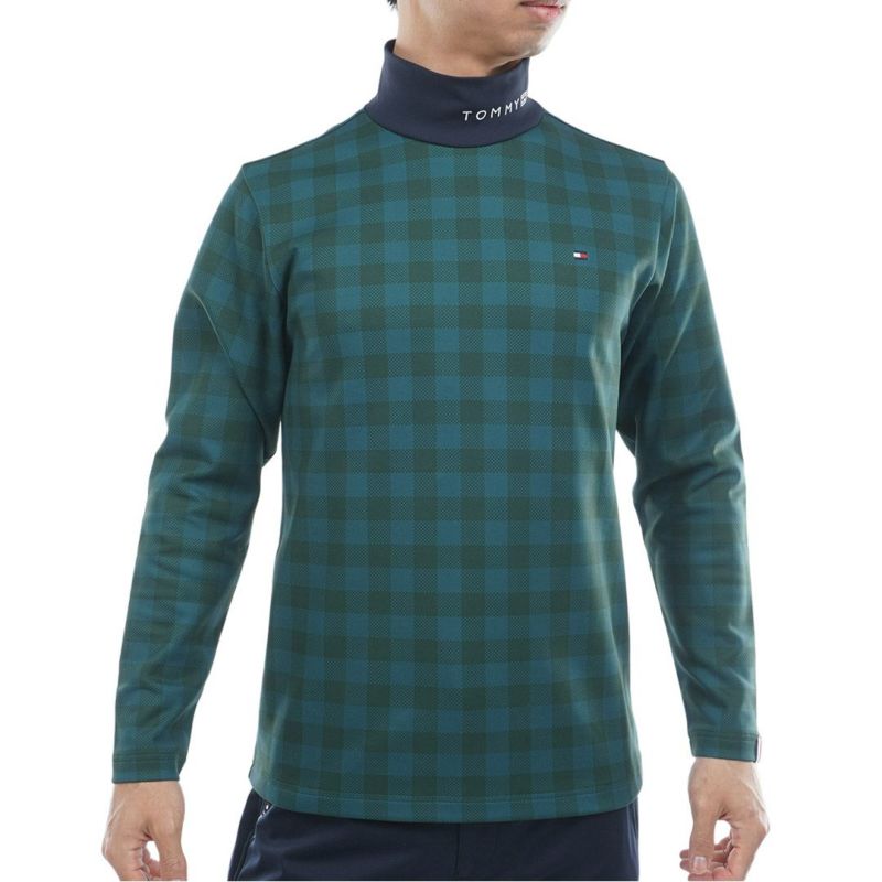 [トミーヒルフィガー]メンズ チェック柄 長袖ハイネックシャツ　ダークグリーン