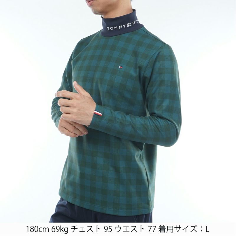 [トミーヒルフィガー]メンズ チェック柄 長袖ハイネックシャツ　ダークグリーン