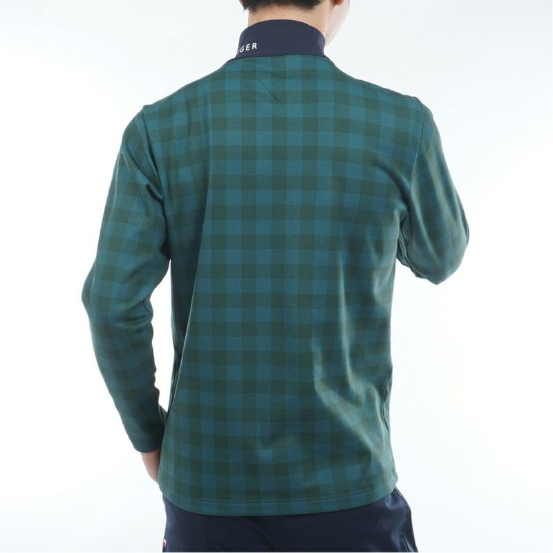 [トミーヒルフィガー]メンズ チェック柄 長袖ハイネックシャツ　ダークグリーン