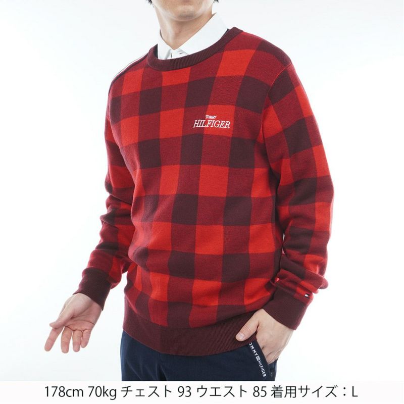 [トミーヒルフィガー]メンズ チェックジャガード クルーネックニット　レッド