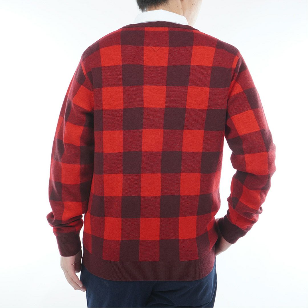 [トミーヒルフィガー]メンズ チェックジャガード クルーネックニット　レッド