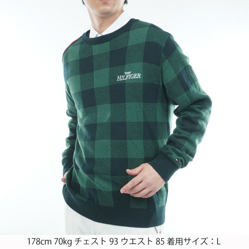 [トミーヒルフィガー]メンズ チェックジャガード クルーネックニット　ダークグリーン
