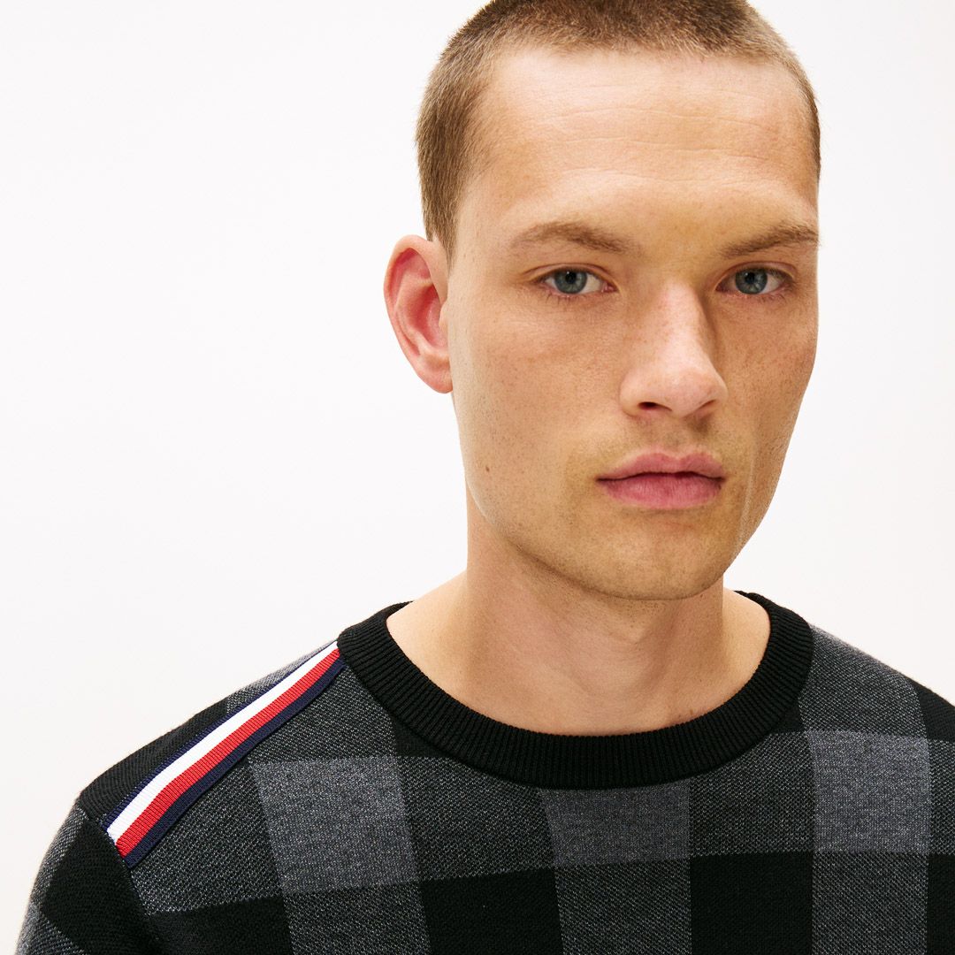 [トミーヒルフィガー]メンズ チェックジャガード クルーネックニット