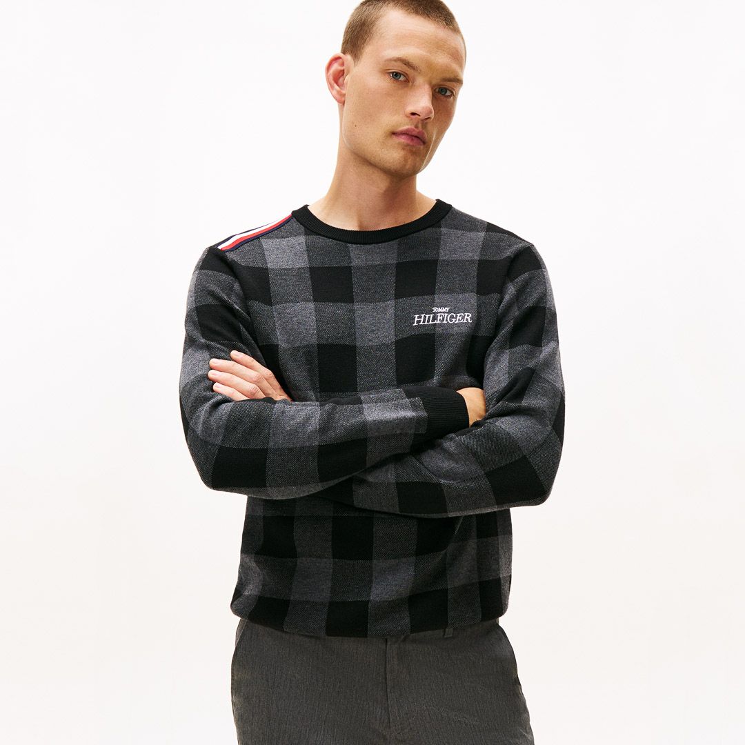[トミーヒルフィガー]メンズ チェックジャガード クルーネックニット