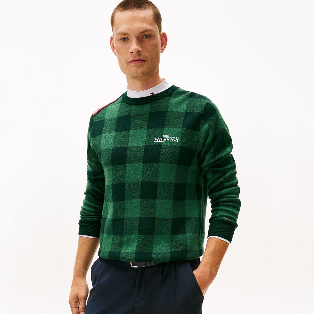 [トミーヒルフィガー]メンズ チェックジャガード クルーネックニット