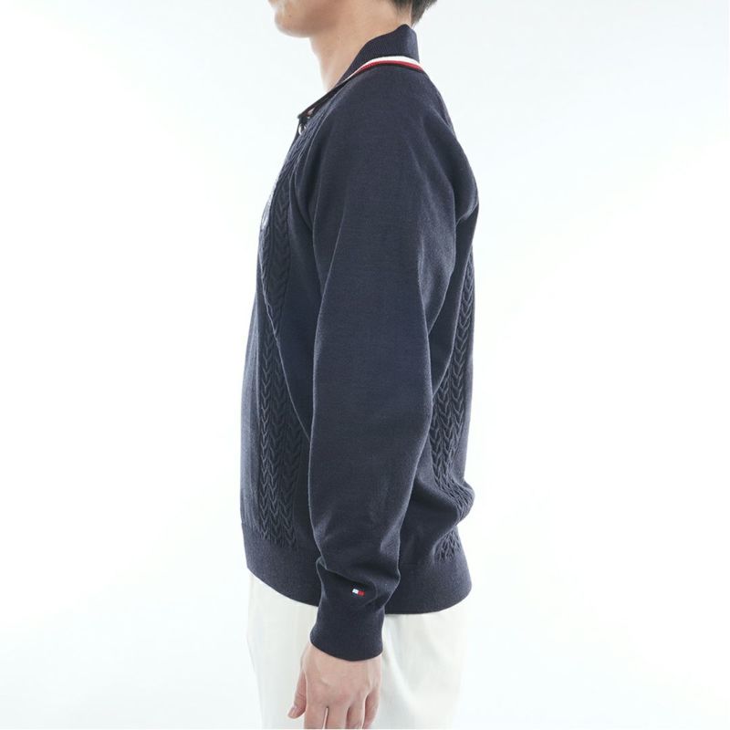[トミーヒルフィガー]メンズ ケーブル柄 ショールカラーニット　ネイビー