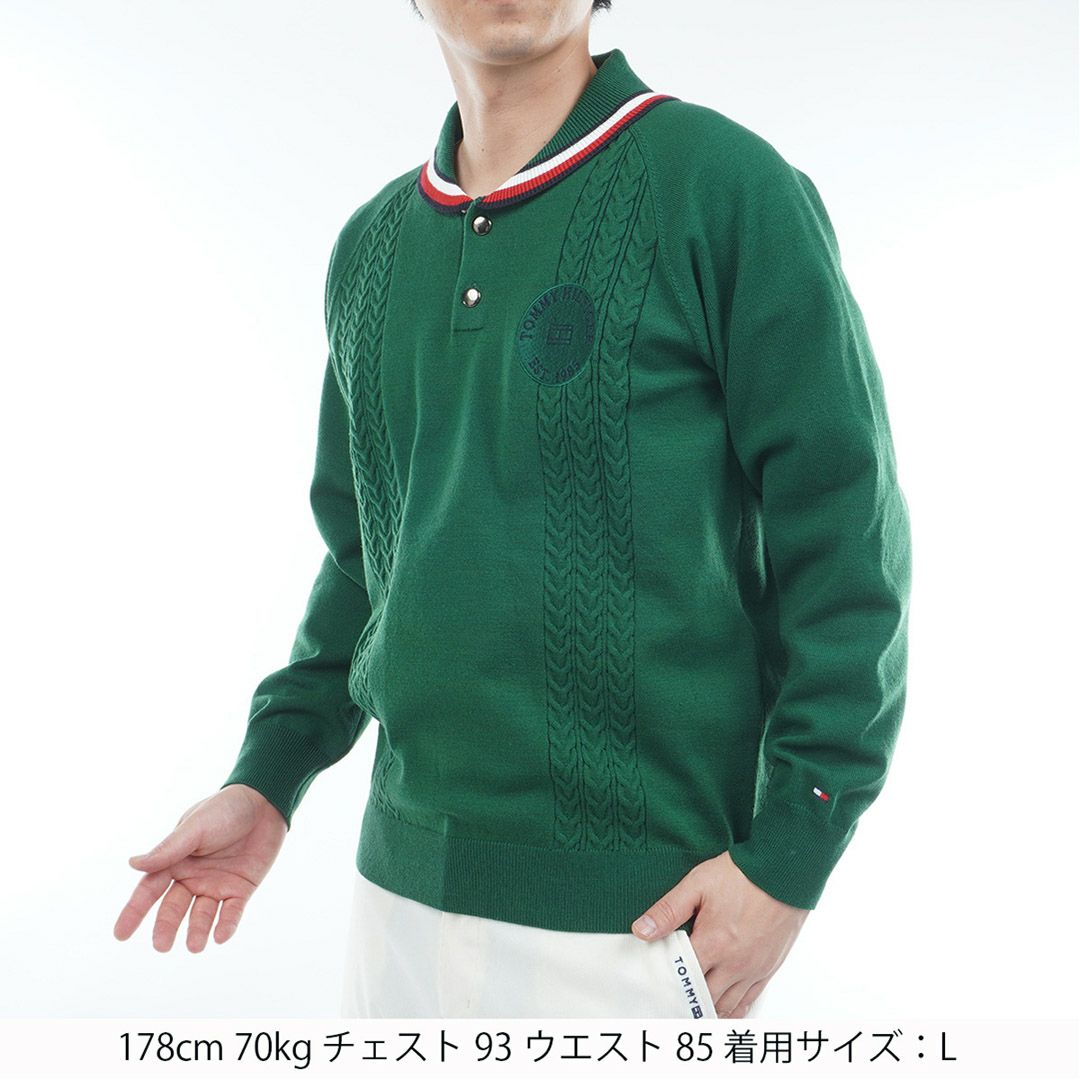 [トミーヒルフィガー]メンズ ケーブル柄 ショールカラーニット　ダークグリーン