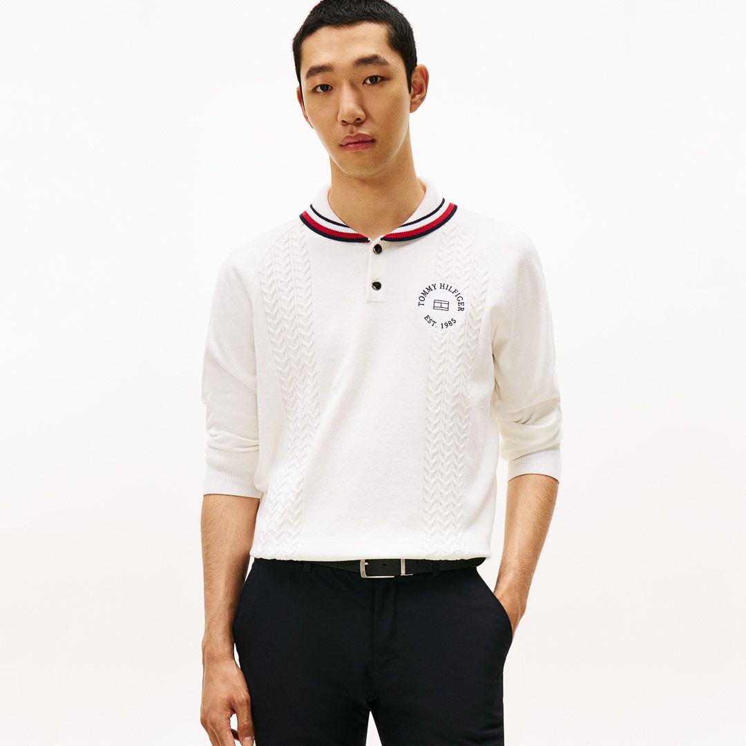 [トミーヒルフィガー]メンズ ケーブル柄 ショールカラーニット