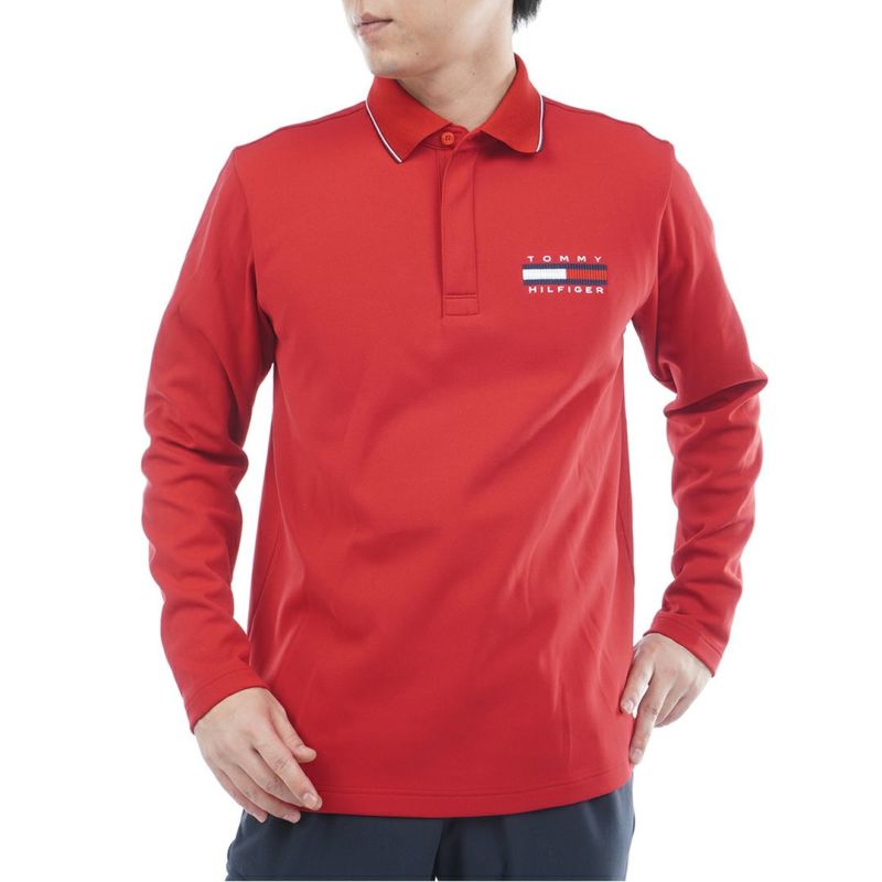 [トミーヒルフィガー]メンズ 台衿付き 長袖ジップアップポロシャツ　レッド