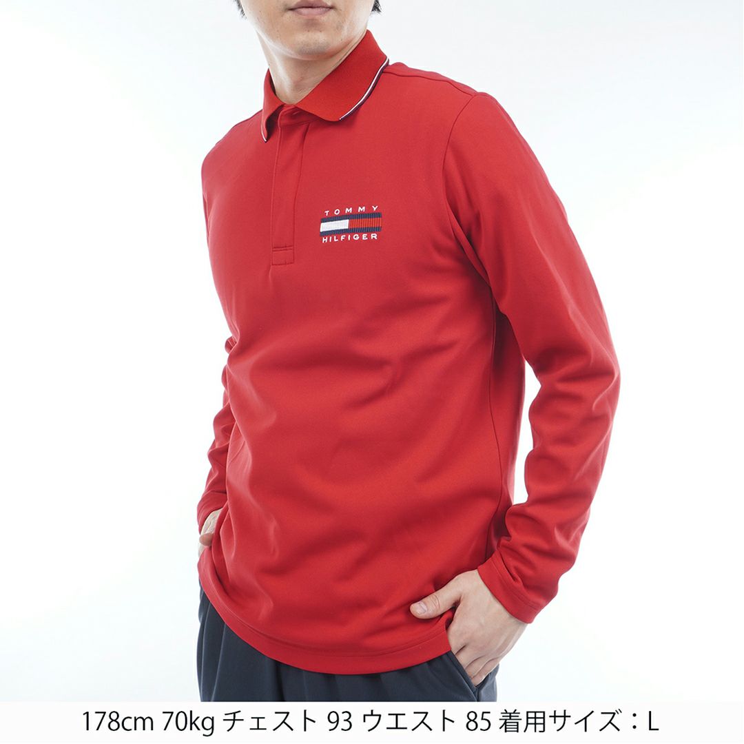[トミーヒルフィガー]メンズ 台衿付き 長袖ジップアップポロシャツ　レッド