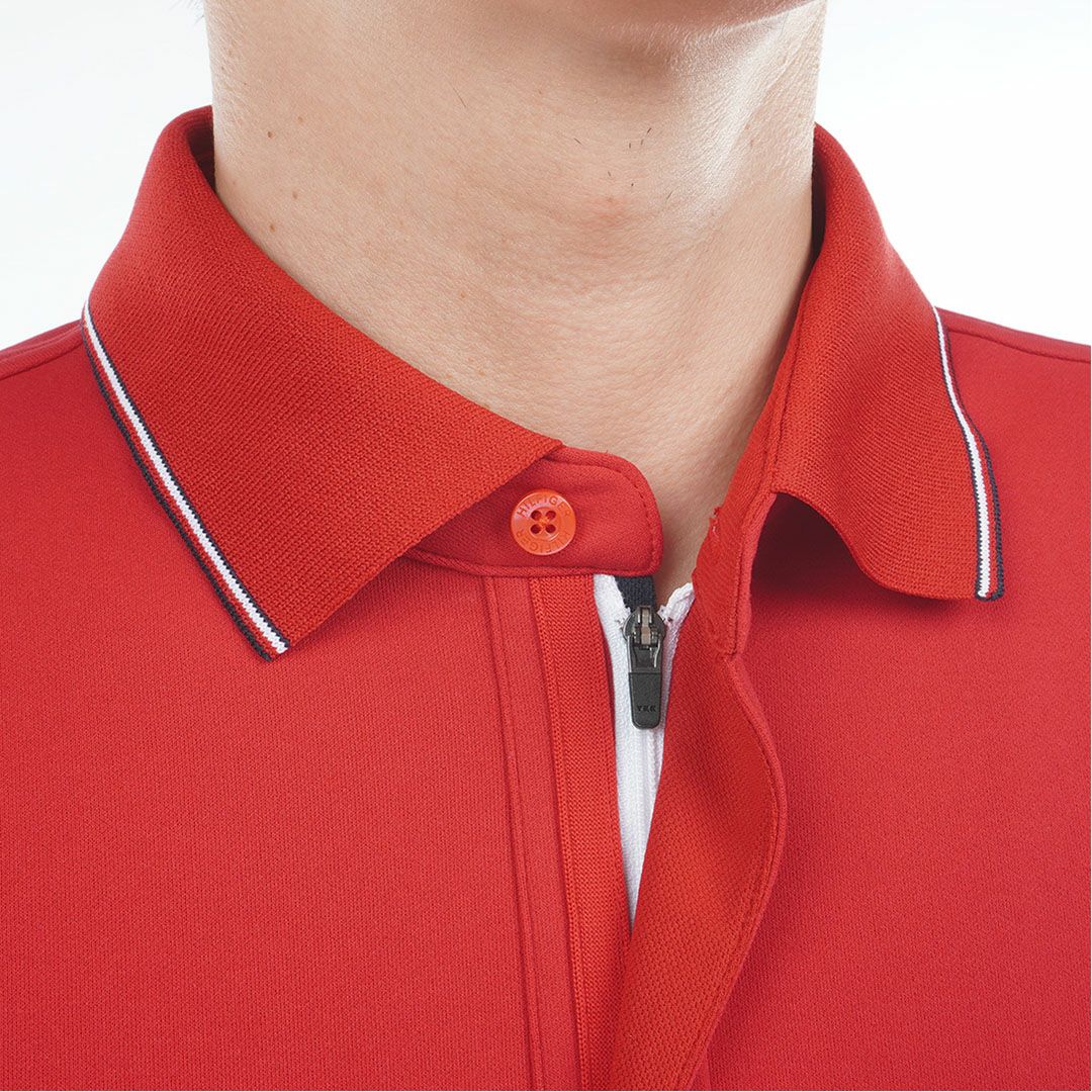 [トミーヒルフィガー]メンズ 台衿付き 長袖ジップアップポロシャツ　レッド