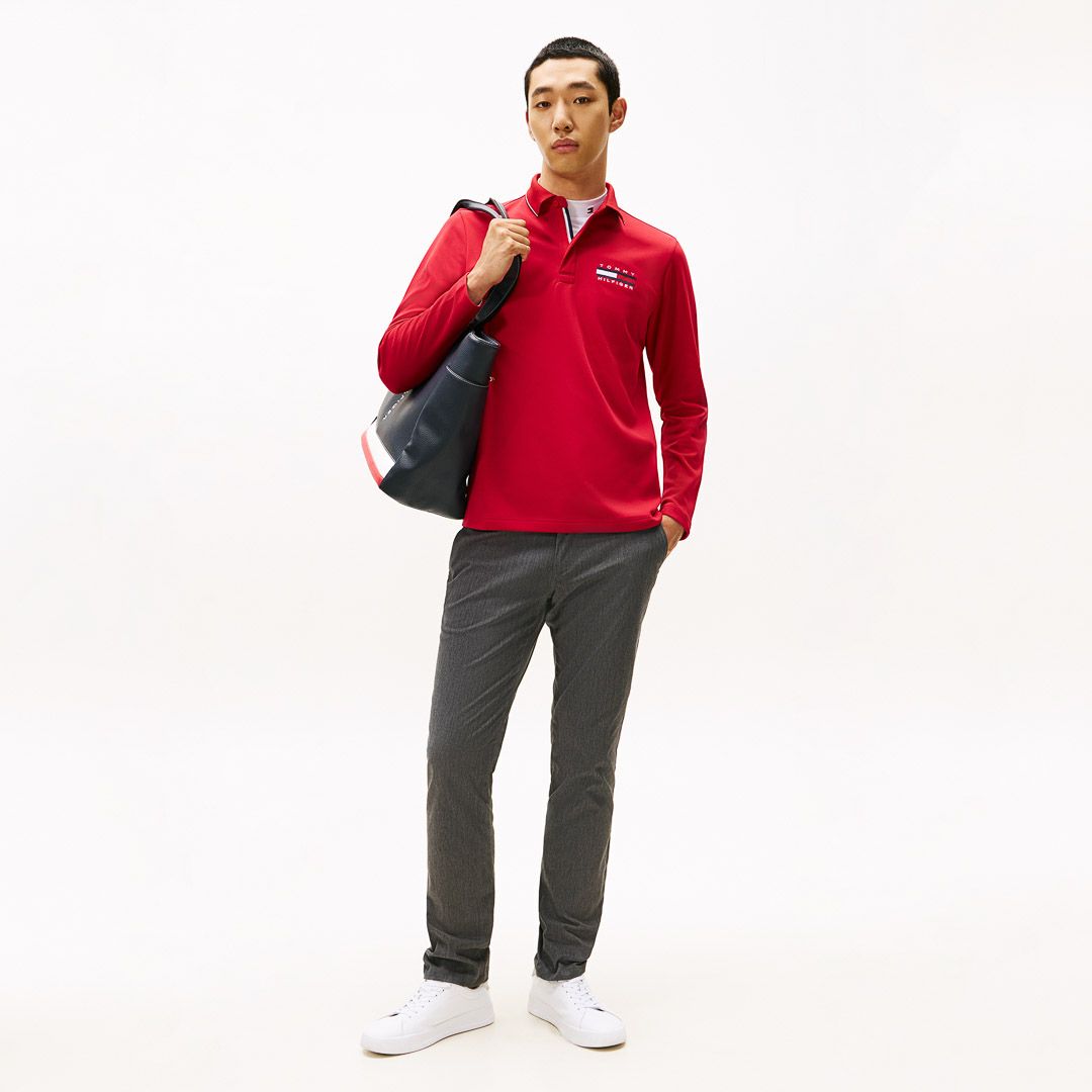 [トミーヒルフィガー]メンズ 台衿付き 長袖ジップアップポロシャツ