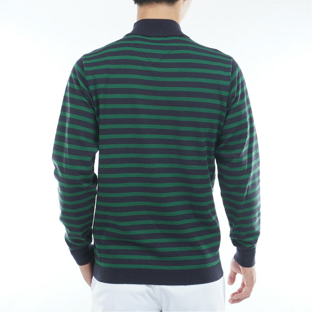 [トミーヒルフィガー]メンズ ボーダー ハイネックニット　ダークグリーン