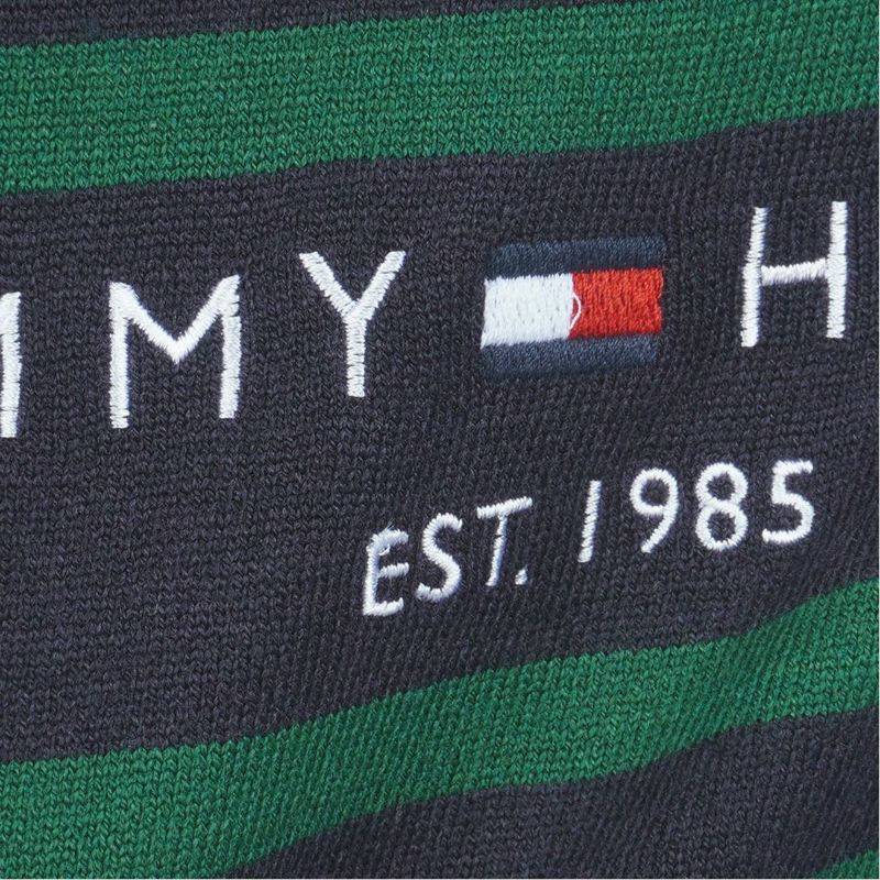 [トミーヒルフィガー]メンズ ボーダー ハイネックニット　ダークグリーン