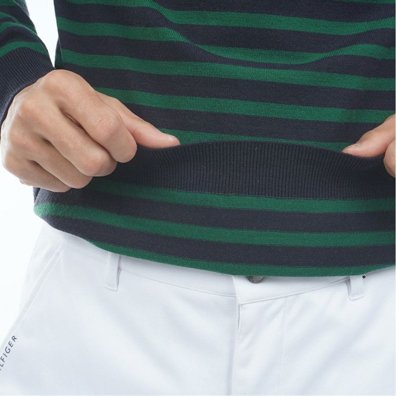 [トミーヒルフィガー]メンズ ボーダー ハイネックニット　ダークグリーン