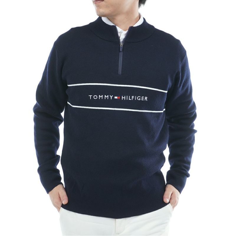 [トミーヒルフィガー]メンズ フロントロゴ　ハーフZIPモックネックニット　ネイビー