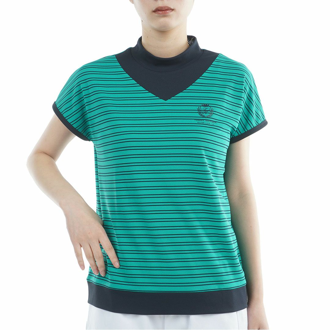 TommyHilfigerGolf トミーヒルフィガーゴルフ レディース モックネックシャツ 半袖 グリーン ボーダー 詳細1