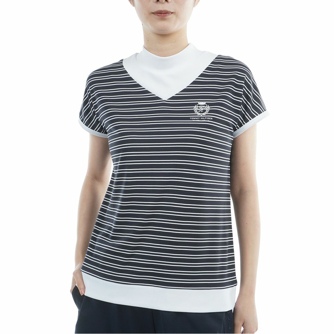 TommyHilfigerGolf トミーヒルフィガーゴルフ レディース モックネックシャツ 半袖 ホワイトネイビー ボーダー 詳細1